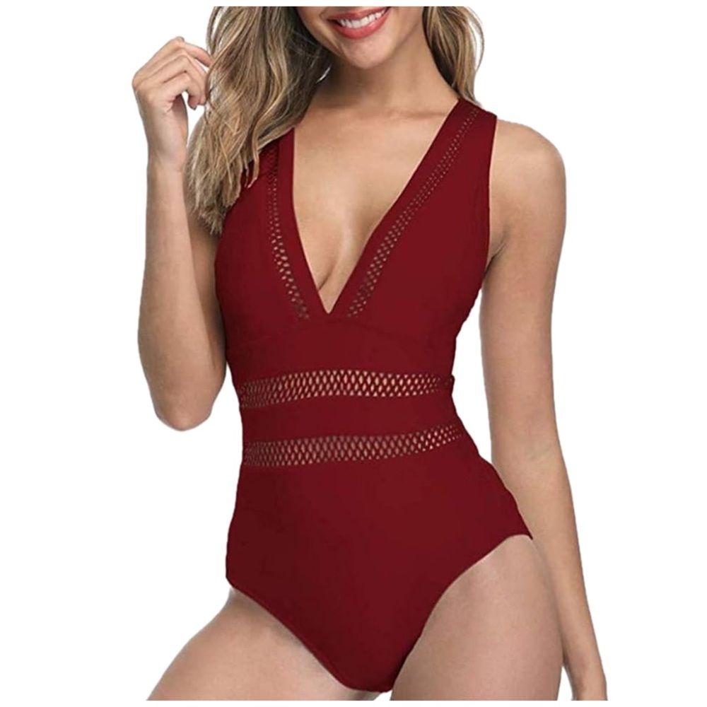 Red Plunging Mesh One Piece Swimsuit